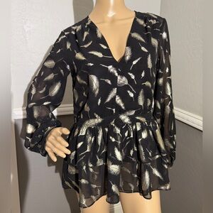 Elegant Black Feather Print Blouse